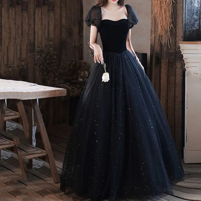 Evening Dress Sweetheart Neck Puff Sleeve Tulle Sequin Longuette Fantastic Elegant Formal Wear Dresses Embroidered Maxi Skirt