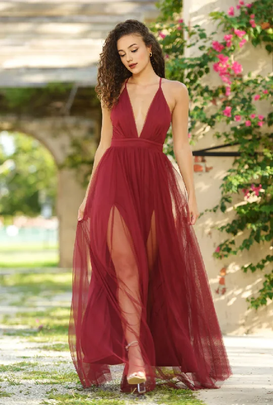 Evening Dress V Neck Tulle Maxi Dress Ruched Bodice Adjustable Criss-Cross Spaghetti Straps Double Slit Skirt Formal Wear Dresses Long Floral Skirt