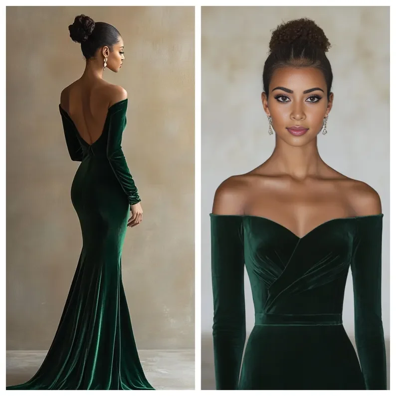 Evening Dress Velvet Off-Shoulder Custom Tailored Dress Long Sleeve Backless Elegant Formal Wear Dresses Maxi Skirt Style