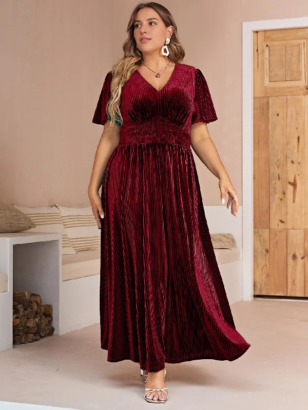 Evening dress Women’s V Neck Velvet Maxi Dress Short Sleeve Empire Waist Long plus size Formal Wear Dresses Wedding Guest Dress A-line Maxi Skirt