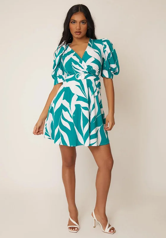 Girl in Mind Elise Mini Dress, Green & White Pleated Mini Denim