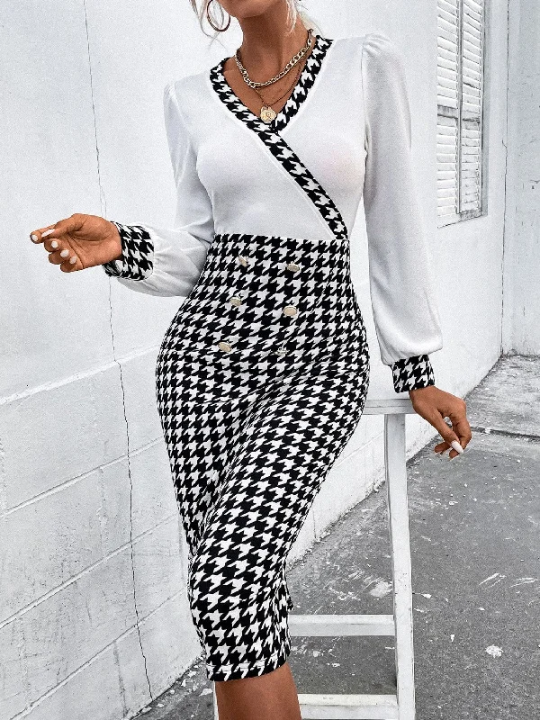 Houndstooth Long Sleeve Slit Dress Tartan Maxi Skirt