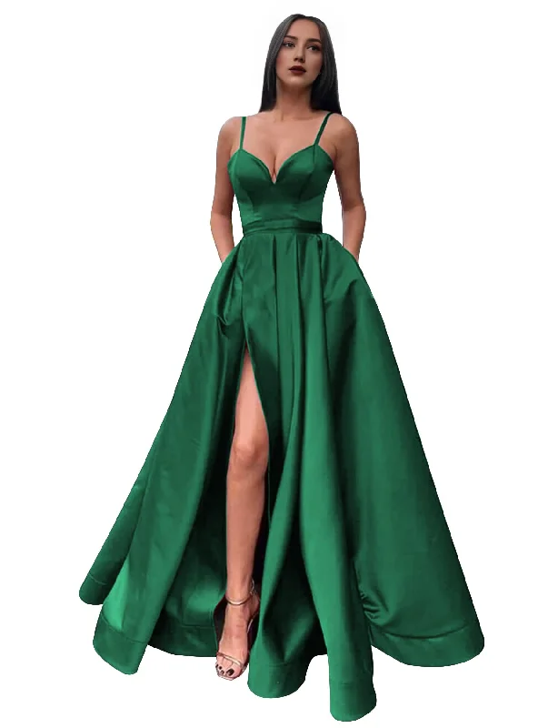 Prom Dress Satin Long V Neck High Slit Ruched Corset Ball Evening Dress with Pockets Formal Wear Dresses Vintage Maxi Skirt