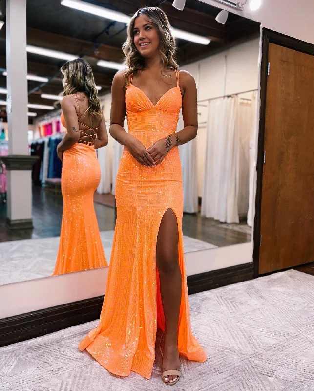 Prom Dress Sequin Spaghetti Straps Satin Long High Slit Backless Bridesmaid Dress Formal Wear Dresses Maxi Skirt Fashion