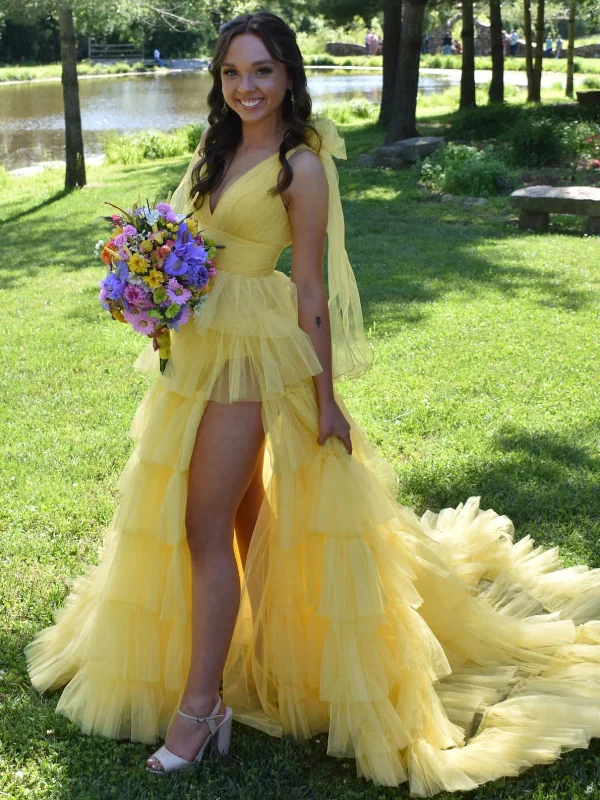 Sexy A Line V Neck Yellow Long Prom Dresses with High Slit, Long Yellow Formal Graduation Evening Dresses with Train SP3071 High-Low Maxi Skirt