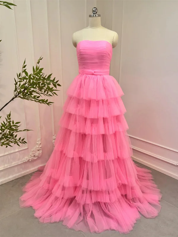 Strapless Layered Pink Tulle Long Prom Dresses, Strapless Pink Formal Graduation Evening Dresses SP3065 Pleated Floral Maxi