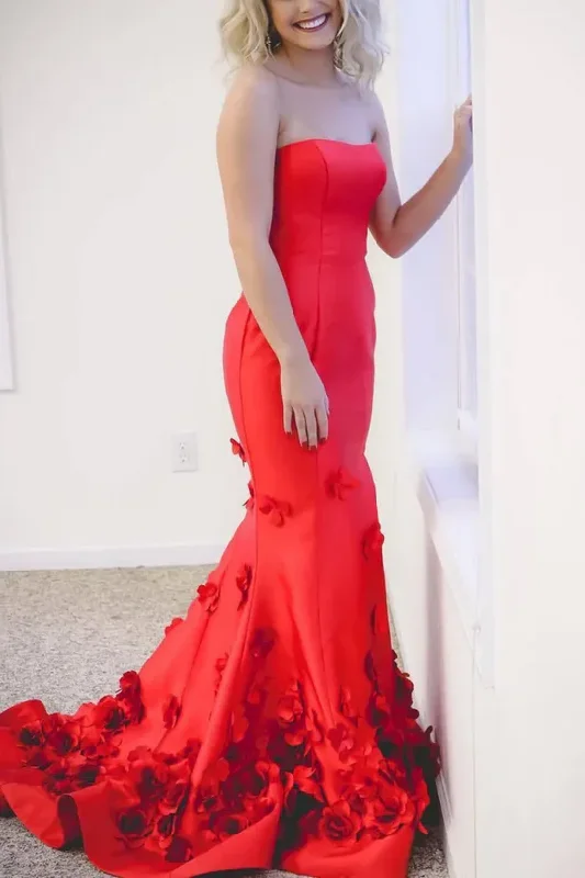 Strapless Scoop Mermaid Prom Dresses, Appliques Red Bridesmaid Dresses, Newest Long Prom Dresses Fitted Maxi Skirt