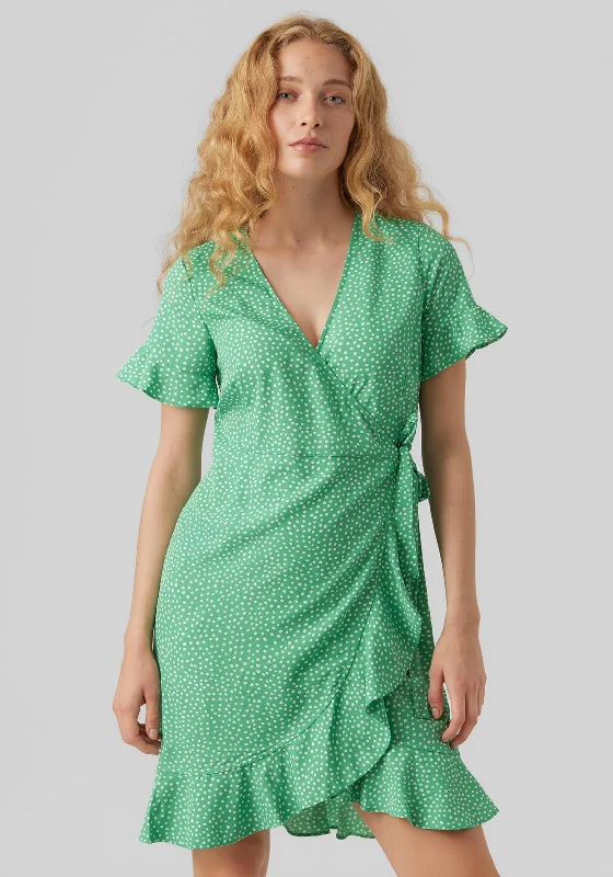 Vero Moda Polka Dot Wrap Mini Dress, Bright Green Leather Mini Skirt