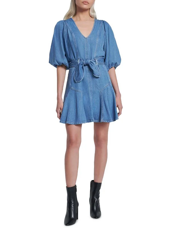 Womens Denim Puff Sleeve Mini Dress Pleated Denim Skirt