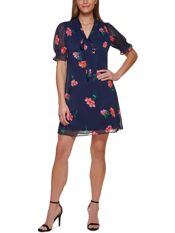 Womens Floral Print Mini Tie-Neck Shift Dress Mini Skirt Classic