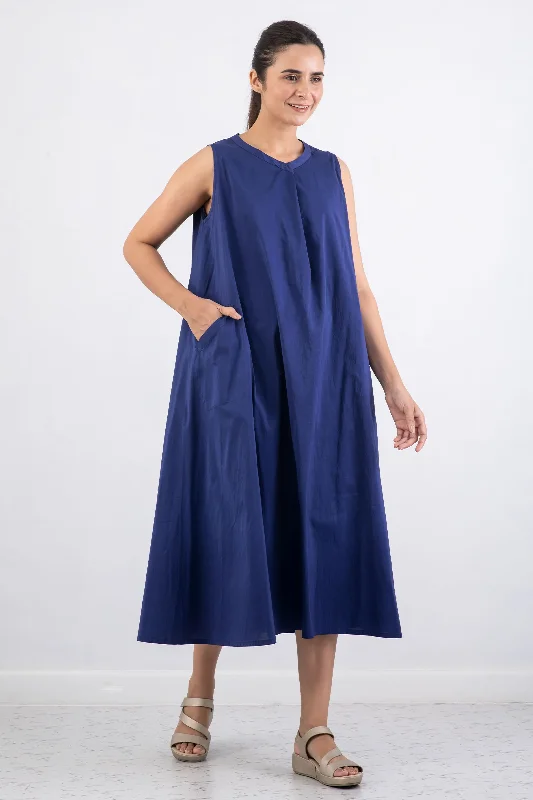 DYED COTTON SILK HEAVY VOILE WAVY BAND COLLAR MAXI DRESS - dh1439-blu - Soft Maxi Skirt