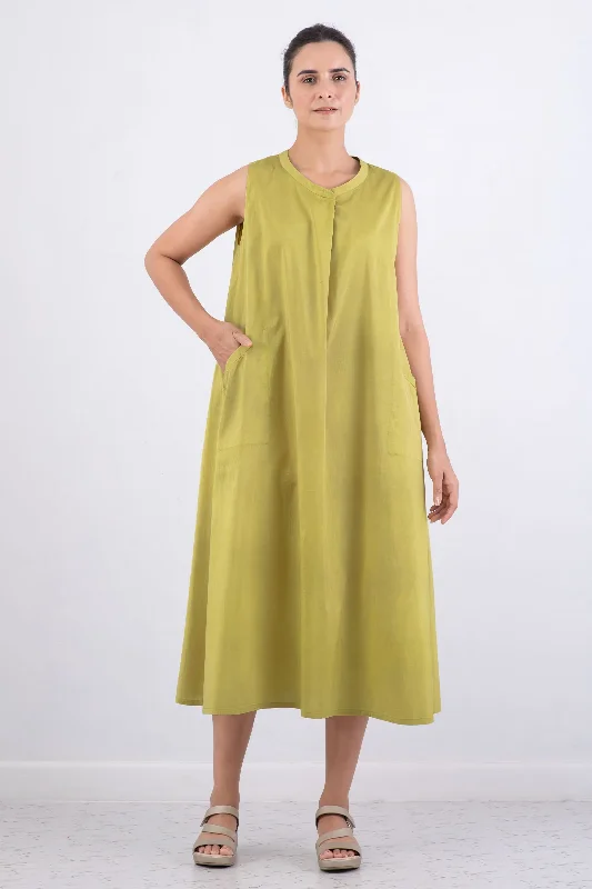 DYED COTTON SILK HEAVY VOILE WAVY BAND COLLAR MAXI DRESS - dh1439-cha - Comfortable Maxi Skirt