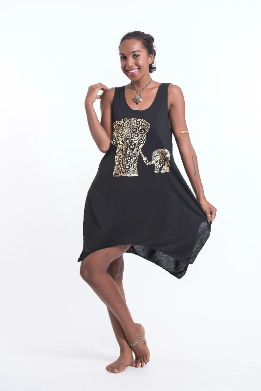 Womens Big Mama Elephant Tank Dress in Gold on Black Comfortable Tank Gown