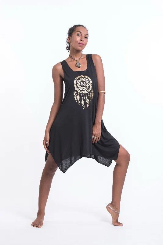 Womens Dreamcatcher Tank Dress in Gold on Black Flowy Tank Dress