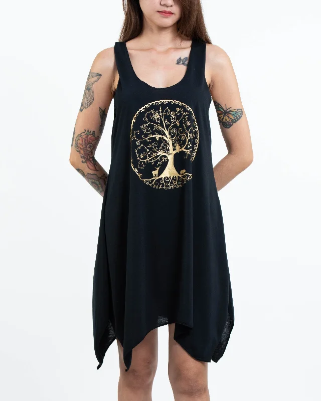 Womens Living Tree Tank Dress in Gold on Black Tank Dress Party