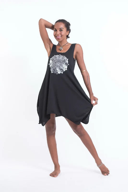 Womens Mandala Tank Dress in Silver on Black Soft Tank Dress