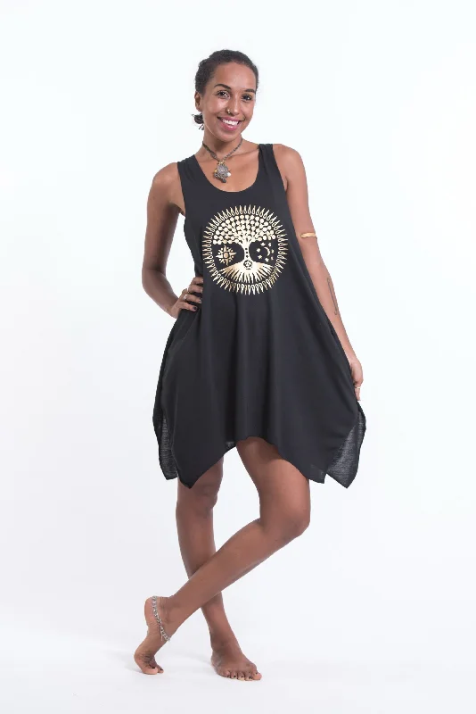 Womens Sun Moon Om Tank Dress in Gold on Black Soft Fabric Tank Dress