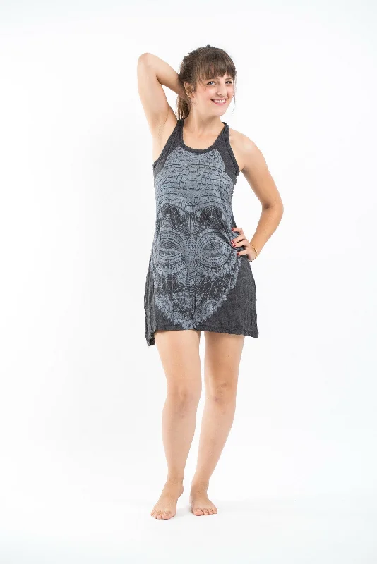 Womens Buddha Head Tank Dress in Silver on Black Tank Dress Trend