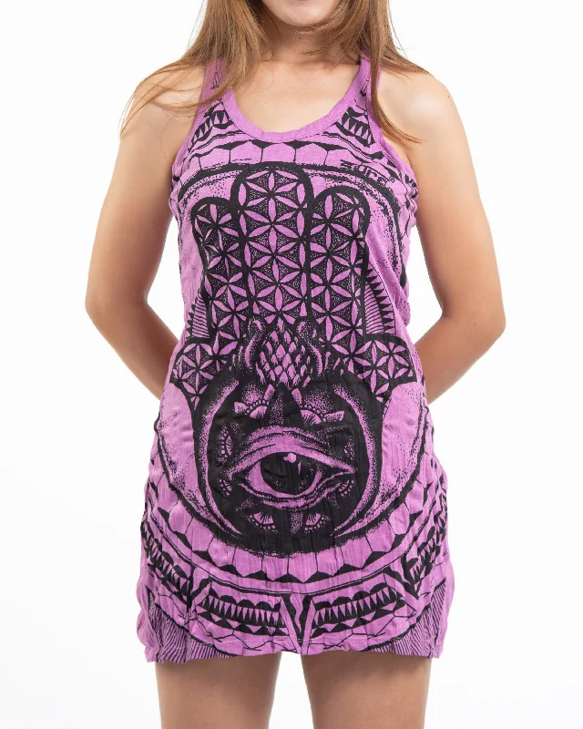 Womens Hamsa Eye Tank Dress in Pink Elegant Sleeveless Dress