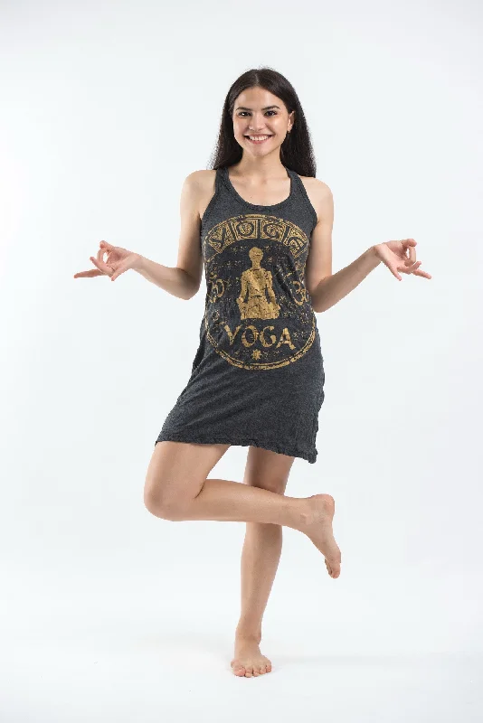 Womens Infinitee Yoga Stamp Tank Dress in Gold on Black Tank Dress Casual