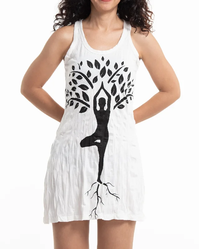 Womens Yoga Tree of Life Tank Dress in White Soft Fabric Tank Dress