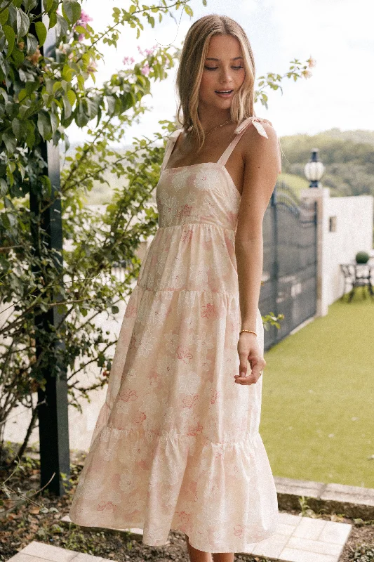 Andi Midi Dress - Pink White Floral Boho Chic Midi