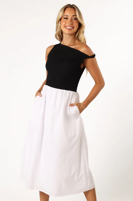 Judson Midi Dress - White/Black Pleated A-line Skirt