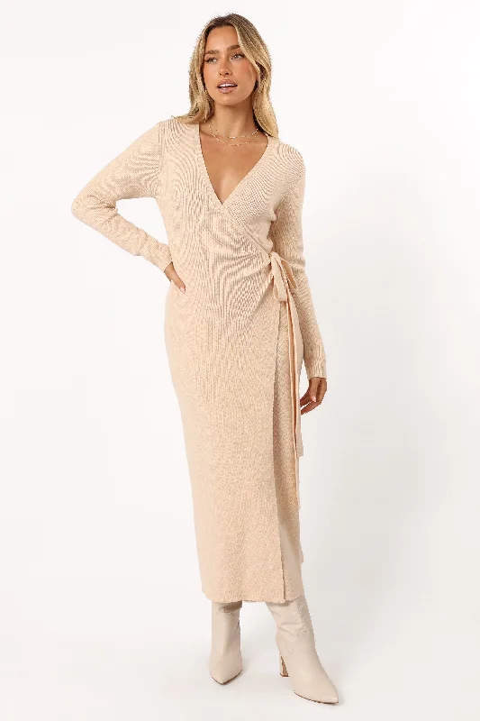 Kellan Wrap Midi Dress - Beige Bodycon Midi Skirt