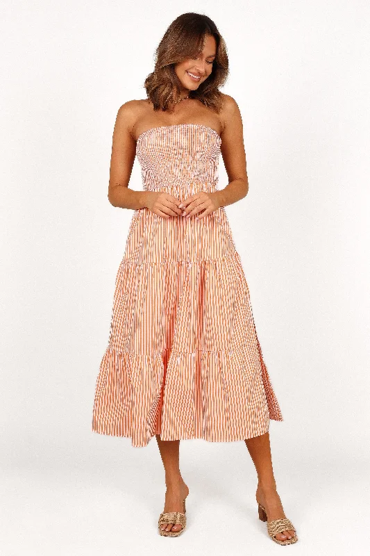 Maisie Strapless Midi Dress - Orange Stripe Printed Midi Outfit