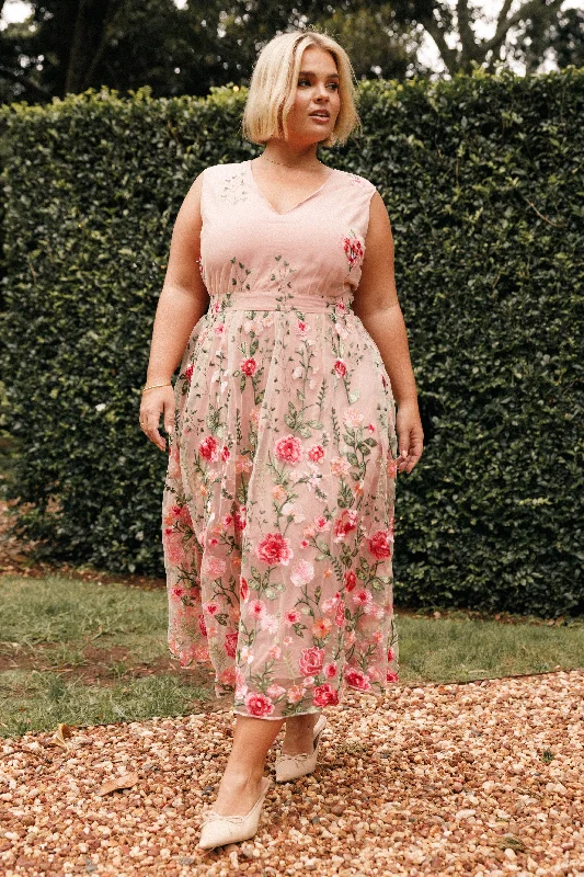 Wonderland Midi Dress - Pink Floral Midi Skirt Style