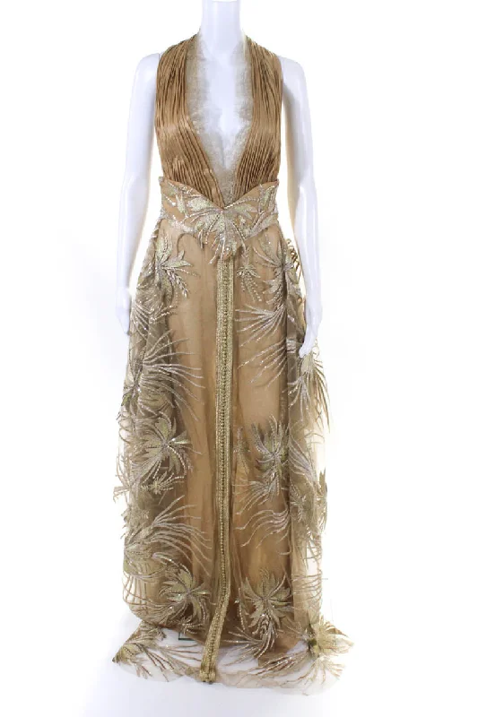 Badgley Mischka Womens Back Zip Lace Trim Shimmer Belted Gown Brown Lace Cocktail Gown