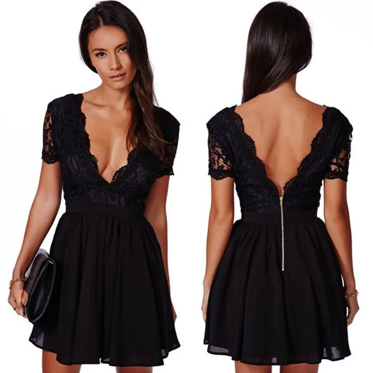 Clearance Deep V-neck V-back Backless Lace Little Black Dress Floral Lace Dress