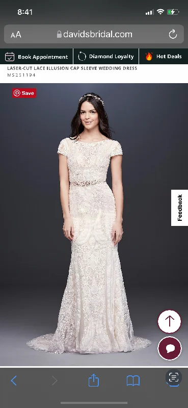 David's Bridal Laser Cut Lace Illusion Cap Sleeve Dress/ MS251194 Lace Party Gown