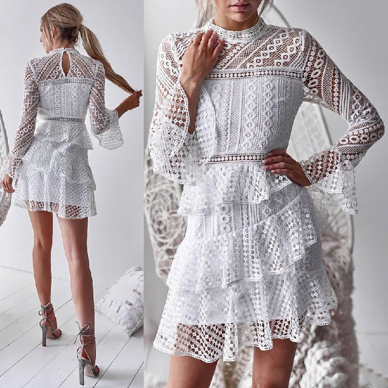 Flared sleeve Lace Sexy cake dress Sheer Lace Dress