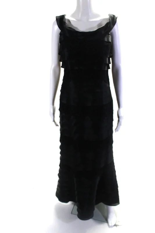 Roland Nivelais Womens Tiered Satin Lace Ruffle Dress Gown Black Lace Gown Glam