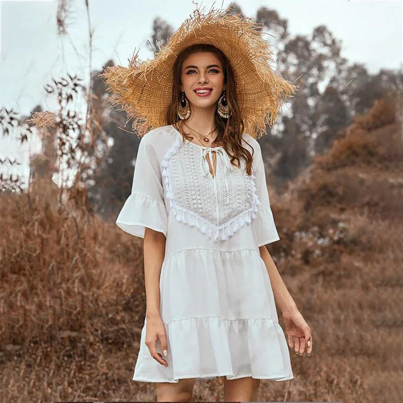 Ruffle Fringe Neckline Lace Up Flared Sleeve Dress Full Lace Dress