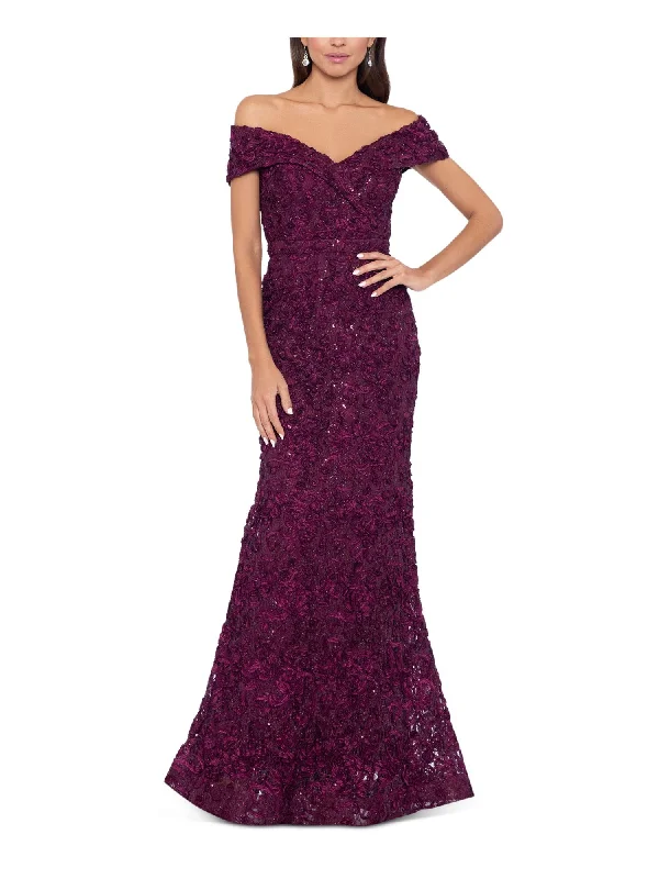 XSCAPE Womens Purple Zippered Embellished Lace Lined Textured Short Sleeve Off Shoulder Full-Length Formal Gown Dress Lace Bridesmaid Dress