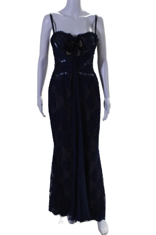 Zuhair Murad Womens Back Zip Beaded Lace Sweetheart Gown Navy Blue Tiered Lace Dress